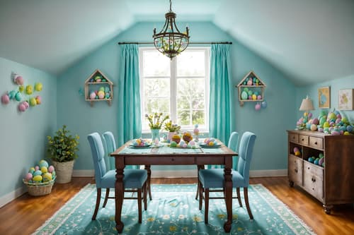 photo from pinterest of easter-style interior designed (attic interior) . with easter decorations and light blue colors and colorful easter eggs and spring decorations and flowers on table and easter decorations. . cinematic photo, highly detailed, cinematic lighting, ultra-detailed, ultrarealistic, photorealism, 8k. trending on pinterest. easter interior design style. masterpiece, cinematic light, ultrarealistic+, photorealistic+, 8k, raw photo, realistic, sharp focus on eyes, (symmetrical eyes), (intact eyes), hyperrealistic, highest quality, best quality, , highly detailed, masterpiece, best quality, extremely detailed 8k wallpaper, masterpiece, best quality, ultra-detailed, best shadow, detailed background, detailed face, detailed eyes, high contrast, best illumination, detailed face, dulux, caustic, dynamic angle, detailed glow. dramatic lighting. highly detailed, insanely detailed hair, symmetrical, intricate details, professionally retouched, 8k high definition. strong bokeh. award winning photo.