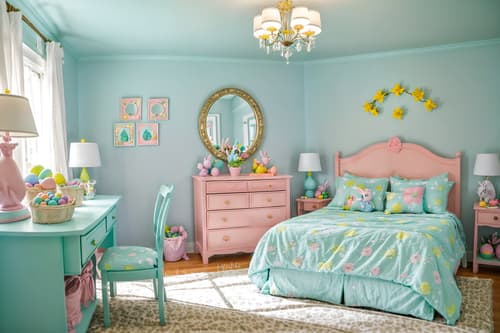 photo from pinterest of easter-style interior designed (kids room interior) with bedside table or night stand and mirror and night light and headboard and accent chair and plant and kids desk and storage bench or ottoman. . with easter decorations and colorful easter eggs and light blue colors and spring decorations and flowers on table and easter decorations. . cinematic photo, highly detailed, cinematic lighting, ultra-detailed, ultrarealistic, photorealism, 8k. trending on pinterest. easter interior design style. masterpiece, cinematic light, ultrarealistic+, photorealistic+, 8k, raw photo, realistic, sharp focus on eyes, (symmetrical eyes), (intact eyes), hyperrealistic, highest quality, best quality, , highly detailed, masterpiece, best quality, extremely detailed 8k wallpaper, masterpiece, best quality, ultra-detailed, best shadow, detailed background, detailed face, detailed eyes, high contrast, best illumination, detailed face, dulux, caustic, dynamic angle, detailed glow. dramatic lighting. highly detailed, insanely detailed hair, symmetrical, intricate details, professionally retouched, 8k high definition. strong bokeh. award winning photo.