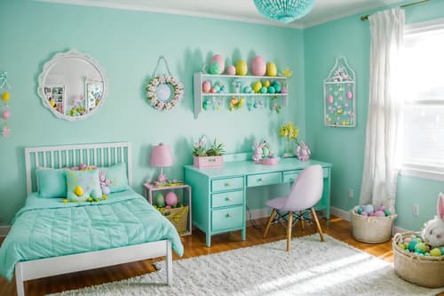 photo from pinterest of easter-style interior designed (kids room interior) with bedside table or night stand and mirror and night light and headboard and accent chair and plant and kids desk and storage bench or ottoman. . with easter decorations and colorful easter eggs and light blue colors and spring decorations and flowers on table and easter decorations. . cinematic photo, highly detailed, cinematic lighting, ultra-detailed, ultrarealistic, photorealism, 8k. trending on pinterest. easter interior design style. masterpiece, cinematic light, ultrarealistic+, photorealistic+, 8k, raw photo, realistic, sharp focus on eyes, (symmetrical eyes), (intact eyes), hyperrealistic, highest quality, best quality, , highly detailed, masterpiece, best quality, extremely detailed 8k wallpaper, masterpiece, best quality, ultra-detailed, best shadow, detailed background, detailed face, detailed eyes, high contrast, best illumination, detailed face, dulux, caustic, dynamic angle, detailed glow. dramatic lighting. highly detailed, insanely detailed hair, symmetrical, intricate details, professionally retouched, 8k high definition. strong bokeh. award winning photo.