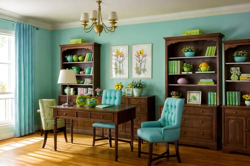 photo from pinterest of easter-style interior designed (study room interior) with office chair and cabinets and plant and lounge chair and bookshelves and desk lamp and writing desk and office chair. . with flowers on table and colorful easter eggs and light blue colors and easter decorations and spring decorations and flowers on table. . cinematic photo, highly detailed, cinematic lighting, ultra-detailed, ultrarealistic, photorealism, 8k. trending on pinterest. easter interior design style. masterpiece, cinematic light, ultrarealistic+, photorealistic+, 8k, raw photo, realistic, sharp focus on eyes, (symmetrical eyes), (intact eyes), hyperrealistic, highest quality, best quality, , highly detailed, masterpiece, best quality, extremely detailed 8k wallpaper, masterpiece, best quality, ultra-detailed, best shadow, detailed background, detailed face, detailed eyes, high contrast, best illumination, detailed face, dulux, caustic, dynamic angle, detailed glow. dramatic lighting. highly detailed, insanely detailed hair, symmetrical, intricate details, professionally retouched, 8k high definition. strong bokeh. award winning photo.