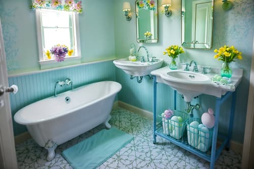 photo from pinterest of easter-style interior designed (hotel bathroom interior) with bathroom sink with faucet and waste basket and mirror and plant and bath rail and bathtub and bath towel and toilet seat. . with flowers on table and light blue colors and spring decorations and easter decorations and colorful easter eggs and flowers on table. . cinematic photo, highly detailed, cinematic lighting, ultra-detailed, ultrarealistic, photorealism, 8k. trending on pinterest. easter interior design style. masterpiece, cinematic light, ultrarealistic+, photorealistic+, 8k, raw photo, realistic, sharp focus on eyes, (symmetrical eyes), (intact eyes), hyperrealistic, highest quality, best quality, , highly detailed, masterpiece, best quality, extremely detailed 8k wallpaper, masterpiece, best quality, ultra-detailed, best shadow, detailed background, detailed face, detailed eyes, high contrast, best illumination, detailed face, dulux, caustic, dynamic angle, detailed glow. dramatic lighting. highly detailed, insanely detailed hair, symmetrical, intricate details, professionally retouched, 8k high definition. strong bokeh. award winning photo.