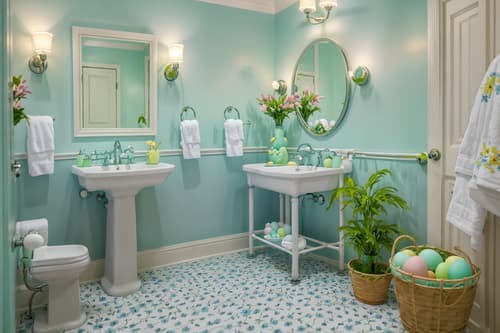 photo from pinterest of easter-style interior designed (hotel bathroom interior) with bathroom sink with faucet and waste basket and mirror and plant and bath rail and bathtub and bath towel and toilet seat. . with flowers on table and light blue colors and spring decorations and easter decorations and colorful easter eggs and flowers on table. . cinematic photo, highly detailed, cinematic lighting, ultra-detailed, ultrarealistic, photorealism, 8k. trending on pinterest. easter interior design style. masterpiece, cinematic light, ultrarealistic+, photorealistic+, 8k, raw photo, realistic, sharp focus on eyes, (symmetrical eyes), (intact eyes), hyperrealistic, highest quality, best quality, , highly detailed, masterpiece, best quality, extremely detailed 8k wallpaper, masterpiece, best quality, ultra-detailed, best shadow, detailed background, detailed face, detailed eyes, high contrast, best illumination, detailed face, dulux, caustic, dynamic angle, detailed glow. dramatic lighting. highly detailed, insanely detailed hair, symmetrical, intricate details, professionally retouched, 8k high definition. strong bokeh. award winning photo.