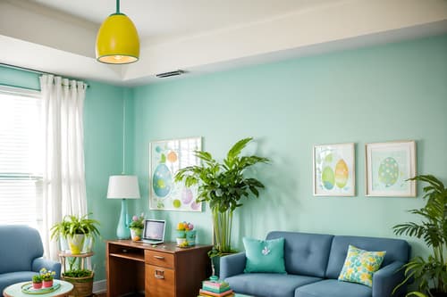 photo from pinterest of easter-style interior designed (office interior) with plants and lounge chairs and desk lamps and windows and cabinets and seating area with sofa and office chairs and office desks. . with spring decorations and light blue colors and easter decorations and colorful easter eggs and flowers on table and spring decorations. . cinematic photo, highly detailed, cinematic lighting, ultra-detailed, ultrarealistic, photorealism, 8k. trending on pinterest. easter interior design style. masterpiece, cinematic light, ultrarealistic+, photorealistic+, 8k, raw photo, realistic, sharp focus on eyes, (symmetrical eyes), (intact eyes), hyperrealistic, highest quality, best quality, , highly detailed, masterpiece, best quality, extremely detailed 8k wallpaper, masterpiece, best quality, ultra-detailed, best shadow, detailed background, detailed face, detailed eyes, high contrast, best illumination, detailed face, dulux, caustic, dynamic angle, detailed glow. dramatic lighting. highly detailed, insanely detailed hair, symmetrical, intricate details, professionally retouched, 8k high definition. strong bokeh. award winning photo.