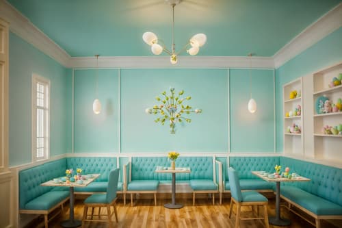 photo from pinterest of easter-style interior designed (coffee shop interior) . with light blue colors and colorful easter eggs and easter decorations and spring decorations and flowers on table and light blue colors. . cinematic photo, highly detailed, cinematic lighting, ultra-detailed, ultrarealistic, photorealism, 8k. trending on pinterest. easter interior design style. masterpiece, cinematic light, ultrarealistic+, photorealistic+, 8k, raw photo, realistic, sharp focus on eyes, (symmetrical eyes), (intact eyes), hyperrealistic, highest quality, best quality, , highly detailed, masterpiece, best quality, extremely detailed 8k wallpaper, masterpiece, best quality, ultra-detailed, best shadow, detailed background, detailed face, detailed eyes, high contrast, best illumination, detailed face, dulux, caustic, dynamic angle, detailed glow. dramatic lighting. highly detailed, insanely detailed hair, symmetrical, intricate details, professionally retouched, 8k high definition. strong bokeh. award winning photo.