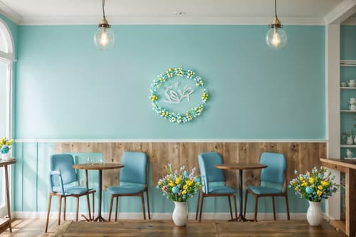 photo from pinterest of easter-style interior designed (coffee shop interior) . with light blue colors and colorful easter eggs and easter decorations and spring decorations and flowers on table and light blue colors. . cinematic photo, highly detailed, cinematic lighting, ultra-detailed, ultrarealistic, photorealism, 8k. trending on pinterest. easter interior design style. masterpiece, cinematic light, ultrarealistic+, photorealistic+, 8k, raw photo, realistic, sharp focus on eyes, (symmetrical eyes), (intact eyes), hyperrealistic, highest quality, best quality, , highly detailed, masterpiece, best quality, extremely detailed 8k wallpaper, masterpiece, best quality, ultra-detailed, best shadow, detailed background, detailed face, detailed eyes, high contrast, best illumination, detailed face, dulux, caustic, dynamic angle, detailed glow. dramatic lighting. highly detailed, insanely detailed hair, symmetrical, intricate details, professionally retouched, 8k high definition. strong bokeh. award winning photo.