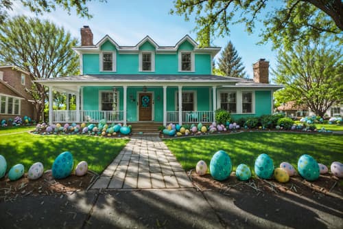 photo from pinterest of easter-style exterior designed (house exterior exterior) . with light blue colors and spring decorations and colorful easter eggs and flowers on table and easter decorations and light blue colors. . cinematic photo, highly detailed, cinematic lighting, ultra-detailed, ultrarealistic, photorealism, 8k. trending on pinterest. easter exterior design style. masterpiece, cinematic light, ultrarealistic+, photorealistic+, 8k, raw photo, realistic, sharp focus on eyes, (symmetrical eyes), (intact eyes), hyperrealistic, highest quality, best quality, , highly detailed, masterpiece, best quality, extremely detailed 8k wallpaper, masterpiece, best quality, ultra-detailed, best shadow, detailed background, detailed face, detailed eyes, high contrast, best illumination, detailed face, dulux, caustic, dynamic angle, detailed glow. dramatic lighting. highly detailed, insanely detailed hair, symmetrical, intricate details, professionally retouched, 8k high definition. strong bokeh. award winning photo.