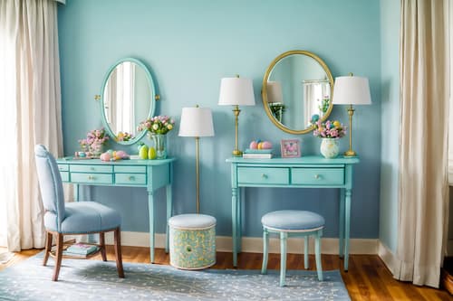 photo from pinterest of easter-style interior designed (hotel room interior) with dresser closet and bed and accent chair and working desk with desk chair and storage bench or ottoman and bedside table or night stand and mirror and hotel bathroom. . with light blue colors and flowers on table and colorful easter eggs and spring decorations and easter decorations and light blue colors. . cinematic photo, highly detailed, cinematic lighting, ultra-detailed, ultrarealistic, photorealism, 8k. trending on pinterest. easter interior design style. masterpiece, cinematic light, ultrarealistic+, photorealistic+, 8k, raw photo, realistic, sharp focus on eyes, (symmetrical eyes), (intact eyes), hyperrealistic, highest quality, best quality, , highly detailed, masterpiece, best quality, extremely detailed 8k wallpaper, masterpiece, best quality, ultra-detailed, best shadow, detailed background, detailed face, detailed eyes, high contrast, best illumination, detailed face, dulux, caustic, dynamic angle, detailed glow. dramatic lighting. highly detailed, insanely detailed hair, symmetrical, intricate details, professionally retouched, 8k high definition. strong bokeh. award winning photo.