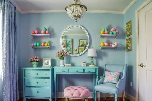 photo from pinterest of easter-style interior designed (hotel room interior) with dresser closet and bed and accent chair and working desk with desk chair and storage bench or ottoman and bedside table or night stand and mirror and hotel bathroom. . with light blue colors and flowers on table and colorful easter eggs and spring decorations and easter decorations and light blue colors. . cinematic photo, highly detailed, cinematic lighting, ultra-detailed, ultrarealistic, photorealism, 8k. trending on pinterest. easter interior design style. masterpiece, cinematic light, ultrarealistic+, photorealistic+, 8k, raw photo, realistic, sharp focus on eyes, (symmetrical eyes), (intact eyes), hyperrealistic, highest quality, best quality, , highly detailed, masterpiece, best quality, extremely detailed 8k wallpaper, masterpiece, best quality, ultra-detailed, best shadow, detailed background, detailed face, detailed eyes, high contrast, best illumination, detailed face, dulux, caustic, dynamic angle, detailed glow. dramatic lighting. highly detailed, insanely detailed hair, symmetrical, intricate details, professionally retouched, 8k high definition. strong bokeh. award winning photo.