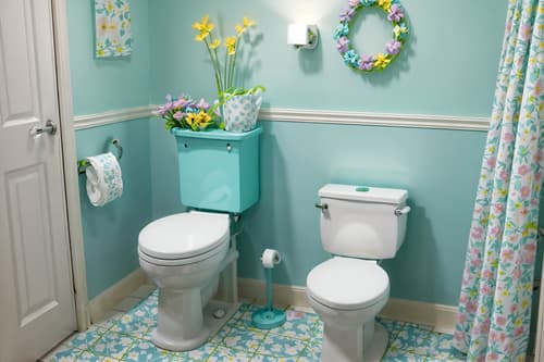 photo from pinterest of easter-style interior designed (toilet interior) with toilet paper hanger and toilet with toilet seat up and sink with tap and toilet paper hanger. . with flowers on table and light blue colors and easter decorations and spring decorations and colorful easter eggs and flowers on table. . cinematic photo, highly detailed, cinematic lighting, ultra-detailed, ultrarealistic, photorealism, 8k. trending on pinterest. easter interior design style. masterpiece, cinematic light, ultrarealistic+, photorealistic+, 8k, raw photo, realistic, sharp focus on eyes, (symmetrical eyes), (intact eyes), hyperrealistic, highest quality, best quality, , highly detailed, masterpiece, best quality, extremely detailed 8k wallpaper, masterpiece, best quality, ultra-detailed, best shadow, detailed background, detailed face, detailed eyes, high contrast, best illumination, detailed face, dulux, caustic, dynamic angle, detailed glow. dramatic lighting. highly detailed, insanely detailed hair, symmetrical, intricate details, professionally retouched, 8k high definition. strong bokeh. award winning photo.