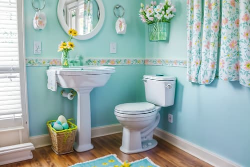 photo from pinterest of easter-style interior designed (toilet interior) with toilet paper hanger and toilet with toilet seat up and sink with tap and toilet paper hanger. . with flowers on table and light blue colors and easter decorations and spring decorations and colorful easter eggs and flowers on table. . cinematic photo, highly detailed, cinematic lighting, ultra-detailed, ultrarealistic, photorealism, 8k. trending on pinterest. easter interior design style. masterpiece, cinematic light, ultrarealistic+, photorealistic+, 8k, raw photo, realistic, sharp focus on eyes, (symmetrical eyes), (intact eyes), hyperrealistic, highest quality, best quality, , highly detailed, masterpiece, best quality, extremely detailed 8k wallpaper, masterpiece, best quality, ultra-detailed, best shadow, detailed background, detailed face, detailed eyes, high contrast, best illumination, detailed face, dulux, caustic, dynamic angle, detailed glow. dramatic lighting. highly detailed, insanely detailed hair, symmetrical, intricate details, professionally retouched, 8k high definition. strong bokeh. award winning photo.