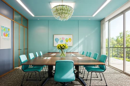 photo from pinterest of easter-style interior designed (meeting room interior) with boardroom table and vase and glass walls and office chairs and painting or photo on wall and plant and glass doors and cabinets. . with light blue colors and spring decorations and colorful easter eggs and flowers on table and easter decorations and light blue colors. . cinematic photo, highly detailed, cinematic lighting, ultra-detailed, ultrarealistic, photorealism, 8k. trending on pinterest. easter interior design style. masterpiece, cinematic light, ultrarealistic+, photorealistic+, 8k, raw photo, realistic, sharp focus on eyes, (symmetrical eyes), (intact eyes), hyperrealistic, highest quality, best quality, , highly detailed, masterpiece, best quality, extremely detailed 8k wallpaper, masterpiece, best quality, ultra-detailed, best shadow, detailed background, detailed face, detailed eyes, high contrast, best illumination, detailed face, dulux, caustic, dynamic angle, detailed glow. dramatic lighting. highly detailed, insanely detailed hair, symmetrical, intricate details, professionally retouched, 8k high definition. strong bokeh. award winning photo.