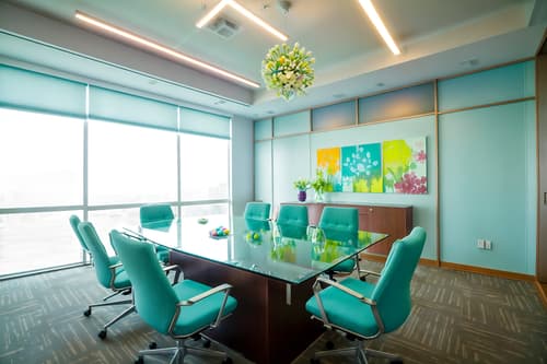 photo from pinterest of easter-style interior designed (meeting room interior) with boardroom table and vase and glass walls and office chairs and painting or photo on wall and plant and glass doors and cabinets. . with light blue colors and spring decorations and colorful easter eggs and flowers on table and easter decorations and light blue colors. . cinematic photo, highly detailed, cinematic lighting, ultra-detailed, ultrarealistic, photorealism, 8k. trending on pinterest. easter interior design style. masterpiece, cinematic light, ultrarealistic+, photorealistic+, 8k, raw photo, realistic, sharp focus on eyes, (symmetrical eyes), (intact eyes), hyperrealistic, highest quality, best quality, , highly detailed, masterpiece, best quality, extremely detailed 8k wallpaper, masterpiece, best quality, ultra-detailed, best shadow, detailed background, detailed face, detailed eyes, high contrast, best illumination, detailed face, dulux, caustic, dynamic angle, detailed glow. dramatic lighting. highly detailed, insanely detailed hair, symmetrical, intricate details, professionally retouched, 8k high definition. strong bokeh. award winning photo.
