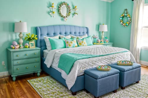 photo from pinterest of easter-style interior designed (bedroom interior) with headboard and bed and night light and accent chair and storage bench or ottoman and plant and bedside table or night stand and mirror. . with easter decorations and light blue colors and spring decorations and flowers on table and colorful easter eggs and easter decorations. . cinematic photo, highly detailed, cinematic lighting, ultra-detailed, ultrarealistic, photorealism, 8k. trending on pinterest. easter interior design style. masterpiece, cinematic light, ultrarealistic+, photorealistic+, 8k, raw photo, realistic, sharp focus on eyes, (symmetrical eyes), (intact eyes), hyperrealistic, highest quality, best quality, , highly detailed, masterpiece, best quality, extremely detailed 8k wallpaper, masterpiece, best quality, ultra-detailed, best shadow, detailed background, detailed face, detailed eyes, high contrast, best illumination, detailed face, dulux, caustic, dynamic angle, detailed glow. dramatic lighting. highly detailed, insanely detailed hair, symmetrical, intricate details, professionally retouched, 8k high definition. strong bokeh. award winning photo.