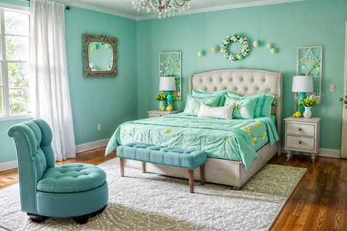 photo from pinterest of easter-style interior designed (bedroom interior) with headboard and bed and night light and accent chair and storage bench or ottoman and plant and bedside table or night stand and mirror. . with easter decorations and light blue colors and spring decorations and flowers on table and colorful easter eggs and easter decorations. . cinematic photo, highly detailed, cinematic lighting, ultra-detailed, ultrarealistic, photorealism, 8k. trending on pinterest. easter interior design style. masterpiece, cinematic light, ultrarealistic+, photorealistic+, 8k, raw photo, realistic, sharp focus on eyes, (symmetrical eyes), (intact eyes), hyperrealistic, highest quality, best quality, , highly detailed, masterpiece, best quality, extremely detailed 8k wallpaper, masterpiece, best quality, ultra-detailed, best shadow, detailed background, detailed face, detailed eyes, high contrast, best illumination, detailed face, dulux, caustic, dynamic angle, detailed glow. dramatic lighting. highly detailed, insanely detailed hair, symmetrical, intricate details, professionally retouched, 8k high definition. strong bokeh. award winning photo.