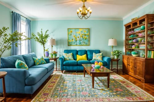 photo from pinterest of easter-style interior designed (living room interior) with rug and bookshelves and plant and televisions and furniture and chairs and electric lamps and occasional tables. . with colorful easter eggs and flowers on table and spring decorations and easter decorations and light blue colors and colorful easter eggs. . cinematic photo, highly detailed, cinematic lighting, ultra-detailed, ultrarealistic, photorealism, 8k. trending on pinterest. easter interior design style. masterpiece, cinematic light, ultrarealistic+, photorealistic+, 8k, raw photo, realistic, sharp focus on eyes, (symmetrical eyes), (intact eyes), hyperrealistic, highest quality, best quality, , highly detailed, masterpiece, best quality, extremely detailed 8k wallpaper, masterpiece, best quality, ultra-detailed, best shadow, detailed background, detailed face, detailed eyes, high contrast, best illumination, detailed face, dulux, caustic, dynamic angle, detailed glow. dramatic lighting. highly detailed, insanely detailed hair, symmetrical, intricate details, professionally retouched, 8k high definition. strong bokeh. award winning photo.