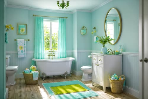 photo from pinterest of easter-style interior designed (bathroom interior) with toilet seat and mirror and bathroom cabinet and waste basket and bath towel and bath rail and bathtub and plant. . with spring decorations and easter decorations and colorful easter eggs and light blue colors and flowers on table and spring decorations. . cinematic photo, highly detailed, cinematic lighting, ultra-detailed, ultrarealistic, photorealism, 8k. trending on pinterest. easter interior design style. masterpiece, cinematic light, ultrarealistic+, photorealistic+, 8k, raw photo, realistic, sharp focus on eyes, (symmetrical eyes), (intact eyes), hyperrealistic, highest quality, best quality, , highly detailed, masterpiece, best quality, extremely detailed 8k wallpaper, masterpiece, best quality, ultra-detailed, best shadow, detailed background, detailed face, detailed eyes, high contrast, best illumination, detailed face, dulux, caustic, dynamic angle, detailed glow. dramatic lighting. highly detailed, insanely detailed hair, symmetrical, intricate details, professionally retouched, 8k high definition. strong bokeh. award winning photo.