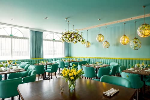 photo from pinterest of easter-style interior designed (restaurant interior) with restaurant dining tables and restaurant bar and restaurant chairs and restaurant decor and restaurant dining tables. . with spring decorations and light blue colors and flowers on table and colorful easter eggs and easter decorations and spring decorations. . cinematic photo, highly detailed, cinematic lighting, ultra-detailed, ultrarealistic, photorealism, 8k. trending on pinterest. easter interior design style. masterpiece, cinematic light, ultrarealistic+, photorealistic+, 8k, raw photo, realistic, sharp focus on eyes, (symmetrical eyes), (intact eyes), hyperrealistic, highest quality, best quality, , highly detailed, masterpiece, best quality, extremely detailed 8k wallpaper, masterpiece, best quality, ultra-detailed, best shadow, detailed background, detailed face, detailed eyes, high contrast, best illumination, detailed face, dulux, caustic, dynamic angle, detailed glow. dramatic lighting. highly detailed, insanely detailed hair, symmetrical, intricate details, professionally retouched, 8k high definition. strong bokeh. award winning photo.