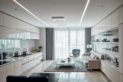 photo from pinterest of futuristic-style interior designed (kitchen living combo interior) with stove and plant and chairs and electric lamps and worktops and televisions and kitchen cabinets and bookshelves. . with futurism minimalist interior and light colors and minimalist clean lines and smooth marble and neutral background and bright accents and floating surfaces and strong geometric walls and monochromatic palette. . cinematic photo, highly detailed, cinematic lighting, ultra-detailed, ultrarealistic, photorealism, 8k. trending on pinterest. futuristic interior design style. masterpiece, cinematic light, ultrarealistic+, photorealistic+, 8k, raw photo, realistic, sharp focus on eyes, (symmetrical eyes), (intact eyes), hyperrealistic, highest quality, best quality, , highly detailed, masterpiece, best quality, extremely detailed 8k wallpaper, masterpiece, best quality, ultra-detailed, best shadow, detailed background, detailed face, detailed eyes, high contrast, best illumination, detailed face, dulux, caustic, dynamic angle, detailed glow. dramatic lighting. highly detailed, insanely detailed hair, symmetrical, intricate details, professionally retouched, 8k high definition. strong bokeh. award winning photo.