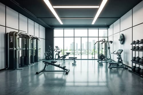 photo from pinterest of futuristic-style interior designed (fitness gym interior) with squat rack and bench press and crosstrainer and exercise bicycle and dumbbell stand and squat rack. . with smooth marble and minimalist clean lines and smooth polished marble and light colors and floating surfaces and glass panes and futuristic interior and circular shapes. . cinematic photo, highly detailed, cinematic lighting, ultra-detailed, ultrarealistic, photorealism, 8k. trending on pinterest. futuristic interior design style. masterpiece, cinematic light, ultrarealistic+, photorealistic+, 8k, raw photo, realistic, sharp focus on eyes, (symmetrical eyes), (intact eyes), hyperrealistic, highest quality, best quality, , highly detailed, masterpiece, best quality, extremely detailed 8k wallpaper, masterpiece, best quality, ultra-detailed, best shadow, detailed background, detailed face, detailed eyes, high contrast, best illumination, detailed face, dulux, caustic, dynamic angle, detailed glow. dramatic lighting. highly detailed, insanely detailed hair, symmetrical, intricate details, professionally retouched, 8k high definition. strong bokeh. award winning photo.