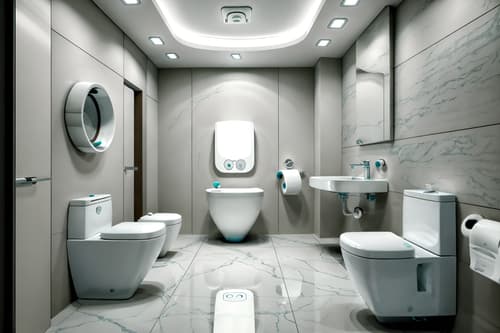 photo from pinterest of futuristic-style interior designed (toilet interior) with toilet paper hanger and sink with tap and toilet with toilet seat up and toilet paper hanger. . with smooth marble and circular shapes and spaceship interior and floating surfaces and light colors and futuristic interior and neutral background and bright accents and minimalist clean lines. . cinematic photo, highly detailed, cinematic lighting, ultra-detailed, ultrarealistic, photorealism, 8k. trending on pinterest. futuristic interior design style. masterpiece, cinematic light, ultrarealistic+, photorealistic+, 8k, raw photo, realistic, sharp focus on eyes, (symmetrical eyes), (intact eyes), hyperrealistic, highest quality, best quality, , highly detailed, masterpiece, best quality, extremely detailed 8k wallpaper, masterpiece, best quality, ultra-detailed, best shadow, detailed background, detailed face, detailed eyes, high contrast, best illumination, detailed face, dulux, caustic, dynamic angle, detailed glow. dramatic lighting. highly detailed, insanely detailed hair, symmetrical, intricate details, professionally retouched, 8k high definition. strong bokeh. award winning photo.