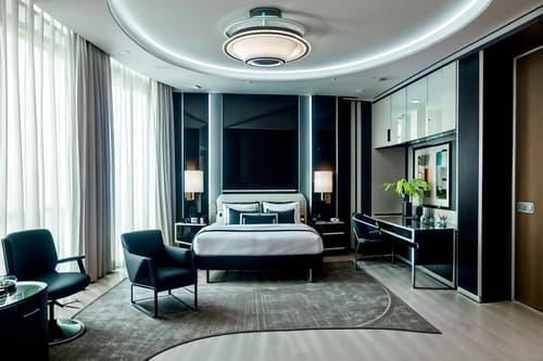 photo from pinterest of futuristic-style interior designed (hotel room interior) with working desk with desk chair and plant and bedside table or night stand and hotel bathroom and dresser closet and mirror and bed and accent chair. . with circular shapes and glass panes and neutral background and bright accents and monochromatic palette and futurism minimalist interior and smooth polished marble and futuristic interior and spaceship interior. . cinematic photo, highly detailed, cinematic lighting, ultra-detailed, ultrarealistic, photorealism, 8k. trending on pinterest. futuristic interior design style. masterpiece, cinematic light, ultrarealistic+, photorealistic+, 8k, raw photo, realistic, sharp focus on eyes, (symmetrical eyes), (intact eyes), hyperrealistic, highest quality, best quality, , highly detailed, masterpiece, best quality, extremely detailed 8k wallpaper, masterpiece, best quality, ultra-detailed, best shadow, detailed background, detailed face, detailed eyes, high contrast, best illumination, detailed face, dulux, caustic, dynamic angle, detailed glow. dramatic lighting. highly detailed, insanely detailed hair, symmetrical, intricate details, professionally retouched, 8k high definition. strong bokeh. award winning photo.