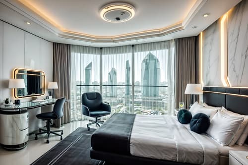 photo from pinterest of futuristic-style interior designed (hotel room interior) with working desk with desk chair and plant and bedside table or night stand and hotel bathroom and dresser closet and mirror and bed and accent chair. . with circular shapes and glass panes and neutral background and bright accents and monochromatic palette and futurism minimalist interior and smooth polished marble and futuristic interior and spaceship interior. . cinematic photo, highly detailed, cinematic lighting, ultra-detailed, ultrarealistic, photorealism, 8k. trending on pinterest. futuristic interior design style. masterpiece, cinematic light, ultrarealistic+, photorealistic+, 8k, raw photo, realistic, sharp focus on eyes, (symmetrical eyes), (intact eyes), hyperrealistic, highest quality, best quality, , highly detailed, masterpiece, best quality, extremely detailed 8k wallpaper, masterpiece, best quality, ultra-detailed, best shadow, detailed background, detailed face, detailed eyes, high contrast, best illumination, detailed face, dulux, caustic, dynamic angle, detailed glow. dramatic lighting. highly detailed, insanely detailed hair, symmetrical, intricate details, professionally retouched, 8k high definition. strong bokeh. award winning photo.