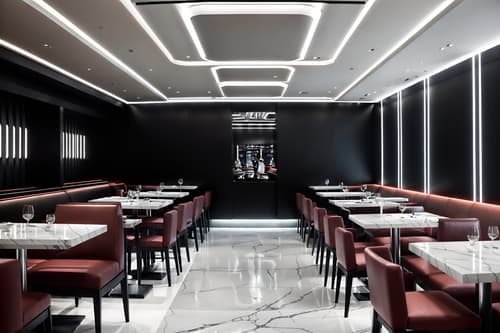 photo from pinterest of futuristic-style interior designed (restaurant interior) with restaurant decor and restaurant dining tables and restaurant chairs and restaurant bar and restaurant decor. . with minimalist clean lines and strong geometric walls and futuristic interior and smooth polished marble and floating surfaces and monochromatic palette and smooth marble and neutral background and bright accents. . cinematic photo, highly detailed, cinematic lighting, ultra-detailed, ultrarealistic, photorealism, 8k. trending on pinterest. futuristic interior design style. masterpiece, cinematic light, ultrarealistic+, photorealistic+, 8k, raw photo, realistic, sharp focus on eyes, (symmetrical eyes), (intact eyes), hyperrealistic, highest quality, best quality, , highly detailed, masterpiece, best quality, extremely detailed 8k wallpaper, masterpiece, best quality, ultra-detailed, best shadow, detailed background, detailed face, detailed eyes, high contrast, best illumination, detailed face, dulux, caustic, dynamic angle, detailed glow. dramatic lighting. highly detailed, insanely detailed hair, symmetrical, intricate details, professionally retouched, 8k high definition. strong bokeh. award winning photo.