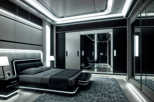 photo from pinterest of futuristic-style interior designed (bedroom interior) with bedside table or night stand and bed and mirror and plant and dresser closet and night light and accent chair and headboard. . with smooth marble and steel finishing and spaceship interior and futuristic interior and futurism and minimalist clean lines and futurism minimalist interior and strong geometric walls. . cinematic photo, highly detailed, cinematic lighting, ultra-detailed, ultrarealistic, photorealism, 8k. trending on pinterest. futuristic interior design style. masterpiece, cinematic light, ultrarealistic+, photorealistic+, 8k, raw photo, realistic, sharp focus on eyes, (symmetrical eyes), (intact eyes), hyperrealistic, highest quality, best quality, , highly detailed, masterpiece, best quality, extremely detailed 8k wallpaper, masterpiece, best quality, ultra-detailed, best shadow, detailed background, detailed face, detailed eyes, high contrast, best illumination, detailed face, dulux, caustic, dynamic angle, detailed glow. dramatic lighting. highly detailed, insanely detailed hair, symmetrical, intricate details, professionally retouched, 8k high definition. strong bokeh. award winning photo.