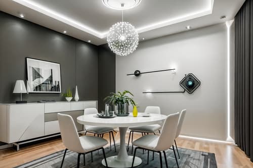 photo from pinterest of futuristic-style interior designed (dining room interior) with table cloth and plant and vase and light or chandelier and dining table and dining table chairs and bookshelves and painting or photo on wall. . with futurism minimalist interior and spaceship interior and floating surfaces and steel finishing and monochromatic palette and circular shapes and minimalist clean lines and neutral background and bright accents. . cinematic photo, highly detailed, cinematic lighting, ultra-detailed, ultrarealistic, photorealism, 8k. trending on pinterest. futuristic interior design style. masterpiece, cinematic light, ultrarealistic+, photorealistic+, 8k, raw photo, realistic, sharp focus on eyes, (symmetrical eyes), (intact eyes), hyperrealistic, highest quality, best quality, , highly detailed, masterpiece, best quality, extremely detailed 8k wallpaper, masterpiece, best quality, ultra-detailed, best shadow, detailed background, detailed face, detailed eyes, high contrast, best illumination, detailed face, dulux, caustic, dynamic angle, detailed glow. dramatic lighting. highly detailed, insanely detailed hair, symmetrical, intricate details, professionally retouched, 8k high definition. strong bokeh. award winning photo.