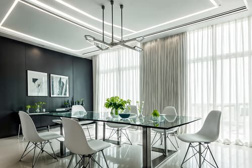 photo from pinterest of futuristic-style interior designed (dining room interior) with table cloth and plant and vase and light or chandelier and dining table and dining table chairs and bookshelves and painting or photo on wall. . with futurism minimalist interior and spaceship interior and floating surfaces and steel finishing and monochromatic palette and circular shapes and minimalist clean lines and neutral background and bright accents. . cinematic photo, highly detailed, cinematic lighting, ultra-detailed, ultrarealistic, photorealism, 8k. trending on pinterest. futuristic interior design style. masterpiece, cinematic light, ultrarealistic+, photorealistic+, 8k, raw photo, realistic, sharp focus on eyes, (symmetrical eyes), (intact eyes), hyperrealistic, highest quality, best quality, , highly detailed, masterpiece, best quality, extremely detailed 8k wallpaper, masterpiece, best quality, ultra-detailed, best shadow, detailed background, detailed face, detailed eyes, high contrast, best illumination, detailed face, dulux, caustic, dynamic angle, detailed glow. dramatic lighting. highly detailed, insanely detailed hair, symmetrical, intricate details, professionally retouched, 8k high definition. strong bokeh. award winning photo.