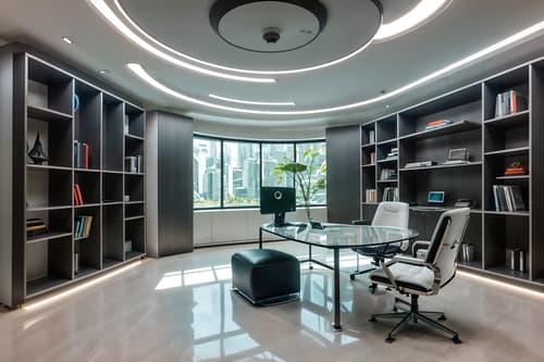 photo from pinterest of futuristic-style interior designed (study room interior) with bookshelves and writing desk and lounge chair and desk lamp and plant and cabinets and office chair and bookshelves. . with futurism and steel finishing and smooth marble and light colors and minimalist clean lines and spaceship interior and circular shapes and glass panes. . cinematic photo, highly detailed, cinematic lighting, ultra-detailed, ultrarealistic, photorealism, 8k. trending on pinterest. futuristic interior design style. masterpiece, cinematic light, ultrarealistic+, photorealistic+, 8k, raw photo, realistic, sharp focus on eyes, (symmetrical eyes), (intact eyes), hyperrealistic, highest quality, best quality, , highly detailed, masterpiece, best quality, extremely detailed 8k wallpaper, masterpiece, best quality, ultra-detailed, best shadow, detailed background, detailed face, detailed eyes, high contrast, best illumination, detailed face, dulux, caustic, dynamic angle, detailed glow. dramatic lighting. highly detailed, insanely detailed hair, symmetrical, intricate details, professionally retouched, 8k high definition. strong bokeh. award winning photo.