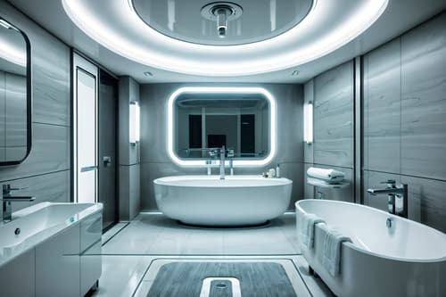 photo from pinterest of futuristic-style interior designed (hotel bathroom interior) with bathtub and bath towel and bathroom cabinet and toilet seat and bathroom sink with faucet and mirror and plant and bath rail. . with futuristic interior and spaceship interior and light colors and steel finishing and circular shapes and monochromatic palette and futurism minimalist interior and smooth polished marble. . cinematic photo, highly detailed, cinematic lighting, ultra-detailed, ultrarealistic, photorealism, 8k. trending on pinterest. futuristic interior design style. masterpiece, cinematic light, ultrarealistic+, photorealistic+, 8k, raw photo, realistic, sharp focus on eyes, (symmetrical eyes), (intact eyes), hyperrealistic, highest quality, best quality, , highly detailed, masterpiece, best quality, extremely detailed 8k wallpaper, masterpiece, best quality, ultra-detailed, best shadow, detailed background, detailed face, detailed eyes, high contrast, best illumination, detailed face, dulux, caustic, dynamic angle, detailed glow. dramatic lighting. highly detailed, insanely detailed hair, symmetrical, intricate details, professionally retouched, 8k high definition. strong bokeh. award winning photo.