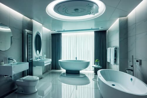 photo from pinterest of futuristic-style interior designed (hotel bathroom interior) with bathtub and bath towel and bathroom cabinet and toilet seat and bathroom sink with faucet and mirror and plant and bath rail. . with futuristic interior and spaceship interior and light colors and steel finishing and circular shapes and monochromatic palette and futurism minimalist interior and smooth polished marble. . cinematic photo, highly detailed, cinematic lighting, ultra-detailed, ultrarealistic, photorealism, 8k. trending on pinterest. futuristic interior design style. masterpiece, cinematic light, ultrarealistic+, photorealistic+, 8k, raw photo, realistic, sharp focus on eyes, (symmetrical eyes), (intact eyes), hyperrealistic, highest quality, best quality, , highly detailed, masterpiece, best quality, extremely detailed 8k wallpaper, masterpiece, best quality, ultra-detailed, best shadow, detailed background, detailed face, detailed eyes, high contrast, best illumination, detailed face, dulux, caustic, dynamic angle, detailed glow. dramatic lighting. highly detailed, insanely detailed hair, symmetrical, intricate details, professionally retouched, 8k high definition. strong bokeh. award winning photo.
