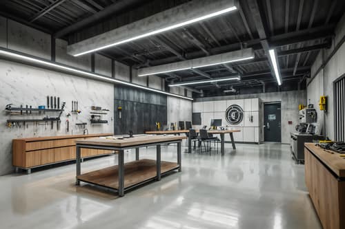 photo from pinterest of futuristic-style interior designed (workshop interior) with tool wall and wooden workbench and messy and tool wall. . with minimalist clean lines and light colors and smooth marble and floating surfaces and steel finishing and futuristic interior and strong geometric walls and neutral background and bright accents. . cinematic photo, highly detailed, cinematic lighting, ultra-detailed, ultrarealistic, photorealism, 8k. trending on pinterest. futuristic interior design style. masterpiece, cinematic light, ultrarealistic+, photorealistic+, 8k, raw photo, realistic, sharp focus on eyes, (symmetrical eyes), (intact eyes), hyperrealistic, highest quality, best quality, , highly detailed, masterpiece, best quality, extremely detailed 8k wallpaper, masterpiece, best quality, ultra-detailed, best shadow, detailed background, detailed face, detailed eyes, high contrast, best illumination, detailed face, dulux, caustic, dynamic angle, detailed glow. dramatic lighting. highly detailed, insanely detailed hair, symmetrical, intricate details, professionally retouched, 8k high definition. strong bokeh. award winning photo.