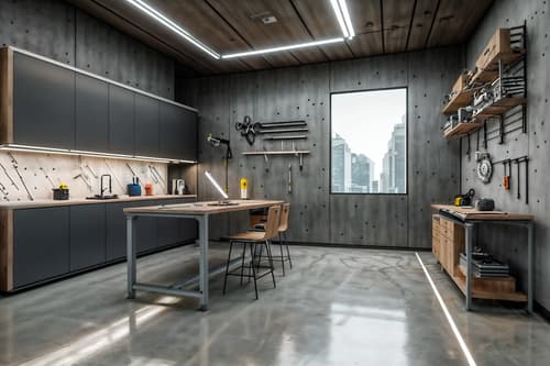 photo from pinterest of futuristic-style interior designed (workshop interior) with tool wall and wooden workbench and messy and tool wall. . with minimalist clean lines and light colors and smooth marble and floating surfaces and steel finishing and futuristic interior and strong geometric walls and neutral background and bright accents. . cinematic photo, highly detailed, cinematic lighting, ultra-detailed, ultrarealistic, photorealism, 8k. trending on pinterest. futuristic interior design style. masterpiece, cinematic light, ultrarealistic+, photorealistic+, 8k, raw photo, realistic, sharp focus on eyes, (symmetrical eyes), (intact eyes), hyperrealistic, highest quality, best quality, , highly detailed, masterpiece, best quality, extremely detailed 8k wallpaper, masterpiece, best quality, ultra-detailed, best shadow, detailed background, detailed face, detailed eyes, high contrast, best illumination, detailed face, dulux, caustic, dynamic angle, detailed glow. dramatic lighting. highly detailed, insanely detailed hair, symmetrical, intricate details, professionally retouched, 8k high definition. strong bokeh. award winning photo.
