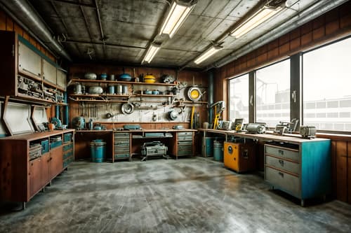 photo from pinterest of retro futuristic-style interior designed (workshop interior) with tool wall and messy and wooden workbench and tool wall. . with futurism minimalist interior and floating surfaces and vintage futurism and strong geometric walls and circular shapes and glass panes and neutral background and bright accents and steel finishing. . cinematic photo, highly detailed, cinematic lighting, ultra-detailed, ultrarealistic, photorealism, 8k. trending on pinterest. retro futuristic interior design style. masterpiece, cinematic light, ultrarealistic+, photorealistic+, 8k, raw photo, realistic, sharp focus on eyes, (symmetrical eyes), (intact eyes), hyperrealistic, highest quality, best quality, , highly detailed, masterpiece, best quality, extremely detailed 8k wallpaper, masterpiece, best quality, ultra-detailed, best shadow, detailed background, detailed face, detailed eyes, high contrast, best illumination, detailed face, dulux, caustic, dynamic angle, detailed glow. dramatic lighting. highly detailed, insanely detailed hair, symmetrical, intricate details, professionally retouched, 8k high definition. strong bokeh. award winning photo.