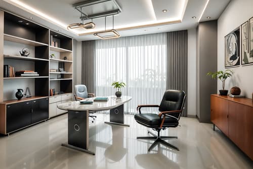 photo from pinterest of retro futuristic-style interior designed (study room interior) with cabinets and lounge chair and office chair and bookshelves and plant and writing desk and desk lamp and cabinets. . with futuristic interior and monochromatic palette and neutral background and bright accents and minimalist clean lines and strong geometric walls and smooth polished marble and circular shapes and steel finishing. . cinematic photo, highly detailed, cinematic lighting, ultra-detailed, ultrarealistic, photorealism, 8k. trending on pinterest. retro futuristic interior design style. masterpiece, cinematic light, ultrarealistic+, photorealistic+, 8k, raw photo, realistic, sharp focus on eyes, (symmetrical eyes), (intact eyes), hyperrealistic, highest quality, best quality, , highly detailed, masterpiece, best quality, extremely detailed 8k wallpaper, masterpiece, best quality, ultra-detailed, best shadow, detailed background, detailed face, detailed eyes, high contrast, best illumination, detailed face, dulux, caustic, dynamic angle, detailed glow. dramatic lighting. highly detailed, insanely detailed hair, symmetrical, intricate details, professionally retouched, 8k high definition. strong bokeh. award winning photo.