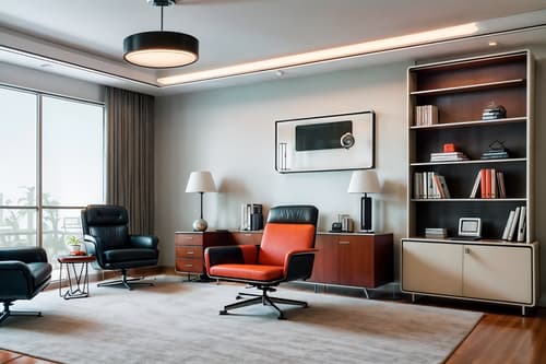 photo from pinterest of retro futuristic-style interior designed (study room interior) with cabinets and lounge chair and office chair and bookshelves and plant and writing desk and desk lamp and cabinets. . with futuristic interior and monochromatic palette and neutral background and bright accents and minimalist clean lines and strong geometric walls and smooth polished marble and circular shapes and steel finishing. . cinematic photo, highly detailed, cinematic lighting, ultra-detailed, ultrarealistic, photorealism, 8k. trending on pinterest. retro futuristic interior design style. masterpiece, cinematic light, ultrarealistic+, photorealistic+, 8k, raw photo, realistic, sharp focus on eyes, (symmetrical eyes), (intact eyes), hyperrealistic, highest quality, best quality, , highly detailed, masterpiece, best quality, extremely detailed 8k wallpaper, masterpiece, best quality, ultra-detailed, best shadow, detailed background, detailed face, detailed eyes, high contrast, best illumination, detailed face, dulux, caustic, dynamic angle, detailed glow. dramatic lighting. highly detailed, insanely detailed hair, symmetrical, intricate details, professionally retouched, 8k high definition. strong bokeh. award winning photo.