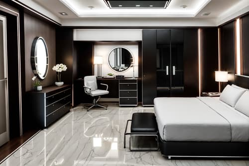 photo from pinterest of retro futuristic-style interior designed (hotel room interior) with bed and working desk with desk chair and hotel bathroom and plant and dresser closet and storage bench or ottoman and night light and mirror. . with futuristic interior and smooth polished marble and minimalist clean lines and strong geometric walls and floating surfaces and circular shapes and monochromatic palette and steel finishing. . cinematic photo, highly detailed, cinematic lighting, ultra-detailed, ultrarealistic, photorealism, 8k. trending on pinterest. retro futuristic interior design style. masterpiece, cinematic light, ultrarealistic+, photorealistic+, 8k, raw photo, realistic, sharp focus on eyes, (symmetrical eyes), (intact eyes), hyperrealistic, highest quality, best quality, , highly detailed, masterpiece, best quality, extremely detailed 8k wallpaper, masterpiece, best quality, ultra-detailed, best shadow, detailed background, detailed face, detailed eyes, high contrast, best illumination, detailed face, dulux, caustic, dynamic angle, detailed glow. dramatic lighting. highly detailed, insanely detailed hair, symmetrical, intricate details, professionally retouched, 8k high definition. strong bokeh. award winning photo.