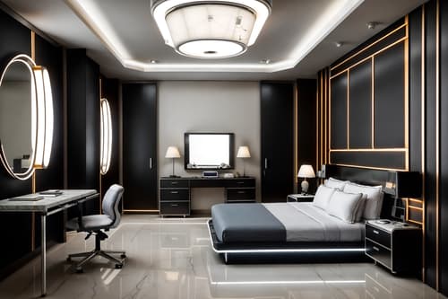 photo from pinterest of retro futuristic-style interior designed (hotel room interior) with bed and working desk with desk chair and hotel bathroom and plant and dresser closet and storage bench or ottoman and night light and mirror. . with futuristic interior and smooth polished marble and minimalist clean lines and strong geometric walls and floating surfaces and circular shapes and monochromatic palette and steel finishing. . cinematic photo, highly detailed, cinematic lighting, ultra-detailed, ultrarealistic, photorealism, 8k. trending on pinterest. retro futuristic interior design style. masterpiece, cinematic light, ultrarealistic+, photorealistic+, 8k, raw photo, realistic, sharp focus on eyes, (symmetrical eyes), (intact eyes), hyperrealistic, highest quality, best quality, , highly detailed, masterpiece, best quality, extremely detailed 8k wallpaper, masterpiece, best quality, ultra-detailed, best shadow, detailed background, detailed face, detailed eyes, high contrast, best illumination, detailed face, dulux, caustic, dynamic angle, detailed glow. dramatic lighting. highly detailed, insanely detailed hair, symmetrical, intricate details, professionally retouched, 8k high definition. strong bokeh. award winning photo.