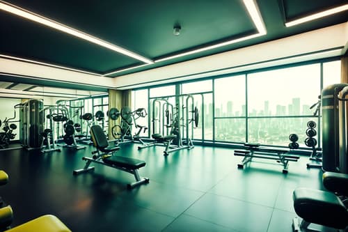 photo from pinterest of retro futuristic-style interior designed (fitness gym interior) with exercise bicycle and crosstrainer and squat rack and dumbbell stand and bench press and exercise bicycle. . with light colors and vintage futurism and glass panes and futuristic interior and futurism minimalist interior and neutral background and bright accents and circular shapes and smooth polished marble. . cinematic photo, highly detailed, cinematic lighting, ultra-detailed, ultrarealistic, photorealism, 8k. trending on pinterest. retro futuristic interior design style. masterpiece, cinematic light, ultrarealistic+, photorealistic+, 8k, raw photo, realistic, sharp focus on eyes, (symmetrical eyes), (intact eyes), hyperrealistic, highest quality, best quality, , highly detailed, masterpiece, best quality, extremely detailed 8k wallpaper, masterpiece, best quality, ultra-detailed, best shadow, detailed background, detailed face, detailed eyes, high contrast, best illumination, detailed face, dulux, caustic, dynamic angle, detailed glow. dramatic lighting. highly detailed, insanely detailed hair, symmetrical, intricate details, professionally retouched, 8k high definition. strong bokeh. award winning photo.