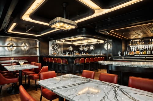 photo from pinterest of retro futuristic-style interior designed (restaurant interior) with restaurant decor and restaurant bar and restaurant dining tables and restaurant chairs and restaurant decor. . with steel finishing and vintage futurism and strong geometric walls and smooth marble and circular shapes and smooth polished marble and floating surfaces and futuristic interior. . cinematic photo, highly detailed, cinematic lighting, ultra-detailed, ultrarealistic, photorealism, 8k. trending on pinterest. retro futuristic interior design style. masterpiece, cinematic light, ultrarealistic+, photorealistic+, 8k, raw photo, realistic, sharp focus on eyes, (symmetrical eyes), (intact eyes), hyperrealistic, highest quality, best quality, , highly detailed, masterpiece, best quality, extremely detailed 8k wallpaper, masterpiece, best quality, ultra-detailed, best shadow, detailed background, detailed face, detailed eyes, high contrast, best illumination, detailed face, dulux, caustic, dynamic angle, detailed glow. dramatic lighting. highly detailed, insanely detailed hair, symmetrical, intricate details, professionally retouched, 8k high definition. strong bokeh. award winning photo.
