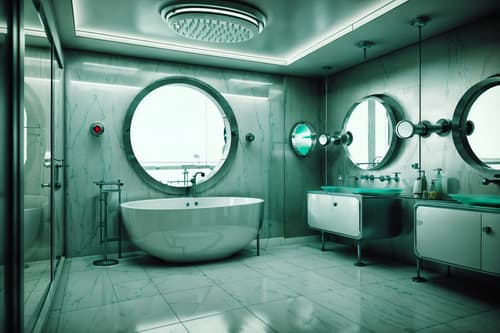 photo from pinterest of retro futuristic-style interior designed (bathroom interior) with mirror and shower and bathroom sink with faucet and waste basket and bath towel and bathtub and bath rail and bathroom cabinet. . with circular shapes and steel finishing and glass panes and light colors and futuristic interior and floating surfaces and futurism minimalist interior and strong geometric walls. . cinematic photo, highly detailed, cinematic lighting, ultra-detailed, ultrarealistic, photorealism, 8k. trending on pinterest. retro futuristic interior design style. masterpiece, cinematic light, ultrarealistic+, photorealistic+, 8k, raw photo, realistic, sharp focus on eyes, (symmetrical eyes), (intact eyes), hyperrealistic, highest quality, best quality, , highly detailed, masterpiece, best quality, extremely detailed 8k wallpaper, masterpiece, best quality, ultra-detailed, best shadow, detailed background, detailed face, detailed eyes, high contrast, best illumination, detailed face, dulux, caustic, dynamic angle, detailed glow. dramatic lighting. highly detailed, insanely detailed hair, symmetrical, intricate details, professionally retouched, 8k high definition. strong bokeh. award winning photo.