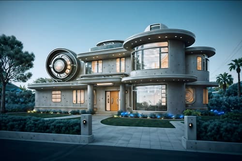 photo from pinterest of retro futuristic-style exterior designed (house exterior exterior) . with circular shapes and floating surfaces and glass panes and smooth polished marble and neutral background and bright accents and vintage futurism and futuristic exterior and strong geometric walls. . cinematic photo, highly detailed, cinematic lighting, ultra-detailed, ultrarealistic, photorealism, 8k. trending on pinterest. retro futuristic exterior design style. masterpiece, cinematic light, ultrarealistic+, photorealistic+, 8k, raw photo, realistic, sharp focus on eyes, (symmetrical eyes), (intact eyes), hyperrealistic, highest quality, best quality, , highly detailed, masterpiece, best quality, extremely detailed 8k wallpaper, masterpiece, best quality, ultra-detailed, best shadow, detailed background, detailed face, detailed eyes, high contrast, best illumination, detailed face, dulux, caustic, dynamic angle, detailed glow. dramatic lighting. highly detailed, insanely detailed hair, symmetrical, intricate details, professionally retouched, 8k high definition. strong bokeh. award winning photo.