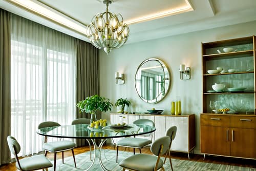 photo from pinterest of retro futuristic-style interior designed (dining room interior) with light or chandelier and table cloth and painting or photo on wall and vase and bookshelves and dining table chairs and plant and dining table. . with circular shapes and glass panes and smooth polished marble and neutral background and bright accents and light colors and vintage futurism and floating surfaces and minimalist clean lines. . cinematic photo, highly detailed, cinematic lighting, ultra-detailed, ultrarealistic, photorealism, 8k. trending on pinterest. retro futuristic interior design style. masterpiece, cinematic light, ultrarealistic+, photorealistic+, 8k, raw photo, realistic, sharp focus on eyes, (symmetrical eyes), (intact eyes), hyperrealistic, highest quality, best quality, , highly detailed, masterpiece, best quality, extremely detailed 8k wallpaper, masterpiece, best quality, ultra-detailed, best shadow, detailed background, detailed face, detailed eyes, high contrast, best illumination, detailed face, dulux, caustic, dynamic angle, detailed glow. dramatic lighting. highly detailed, insanely detailed hair, symmetrical, intricate details, professionally retouched, 8k high definition. strong bokeh. award winning photo.