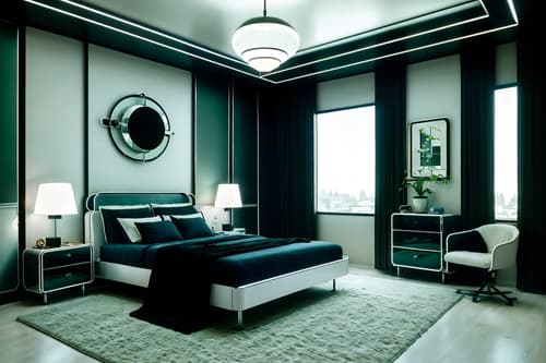 photo from pinterest of retro futuristic-style interior designed (bedroom interior) with night light and mirror and bed and dresser closet and storage bench or ottoman and headboard and accent chair and plant. . with glass panes and vintage futurism and circular shapes and steel finishing and minimalist clean lines and monochromatic palette and light colors and strong geometric walls. . cinematic photo, highly detailed, cinematic lighting, ultra-detailed, ultrarealistic, photorealism, 8k. trending on pinterest. retro futuristic interior design style. masterpiece, cinematic light, ultrarealistic+, photorealistic+, 8k, raw photo, realistic, sharp focus on eyes, (symmetrical eyes), (intact eyes), hyperrealistic, highest quality, best quality, , highly detailed, masterpiece, best quality, extremely detailed 8k wallpaper, masterpiece, best quality, ultra-detailed, best shadow, detailed background, detailed face, detailed eyes, high contrast, best illumination, detailed face, dulux, caustic, dynamic angle, detailed glow. dramatic lighting. highly detailed, insanely detailed hair, symmetrical, intricate details, professionally retouched, 8k high definition. strong bokeh. award winning photo.