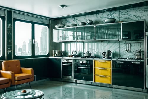 photo from pinterest of retro futuristic-style interior designed (kitchen living combo interior) with occasional tables and electric lamps and furniture and bookshelves and coffee tables and kitchen cabinets and stove and plant. . with steel finishing and smooth marble and vintage futurism and floating surfaces and circular shapes and monochromatic palette and glass panes and smooth polished marble. . cinematic photo, highly detailed, cinematic lighting, ultra-detailed, ultrarealistic, photorealism, 8k. trending on pinterest. retro futuristic interior design style. masterpiece, cinematic light, ultrarealistic+, photorealistic+, 8k, raw photo, realistic, sharp focus on eyes, (symmetrical eyes), (intact eyes), hyperrealistic, highest quality, best quality, , highly detailed, masterpiece, best quality, extremely detailed 8k wallpaper, masterpiece, best quality, ultra-detailed, best shadow, detailed background, detailed face, detailed eyes, high contrast, best illumination, detailed face, dulux, caustic, dynamic angle, detailed glow. dramatic lighting. highly detailed, insanely detailed hair, symmetrical, intricate details, professionally retouched, 8k high definition. strong bokeh. award winning photo.