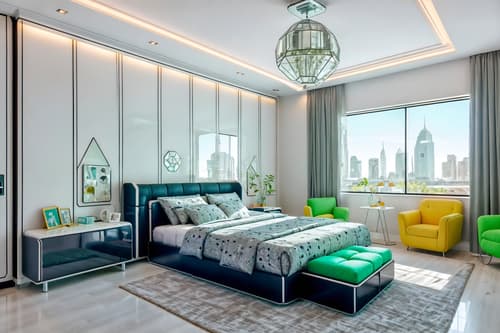 photo from pinterest of retro futuristic-style interior designed (kids room interior) with headboard and plant and bedside table or night stand and storage bench or ottoman and dresser closet and accent chair and night light and kids desk. . with glass panes and strong geometric walls and smooth polished marble and floating surfaces and futuristic interior and futurism minimalist interior and smooth marble and neutral background and bright accents. . cinematic photo, highly detailed, cinematic lighting, ultra-detailed, ultrarealistic, photorealism, 8k. trending on pinterest. retro futuristic interior design style. masterpiece, cinematic light, ultrarealistic+, photorealistic+, 8k, raw photo, realistic, sharp focus on eyes, (symmetrical eyes), (intact eyes), hyperrealistic, highest quality, best quality, , highly detailed, masterpiece, best quality, extremely detailed 8k wallpaper, masterpiece, best quality, ultra-detailed, best shadow, detailed background, detailed face, detailed eyes, high contrast, best illumination, detailed face, dulux, caustic, dynamic angle, detailed glow. dramatic lighting. highly detailed, insanely detailed hair, symmetrical, intricate details, professionally retouched, 8k high definition. strong bokeh. award winning photo.
