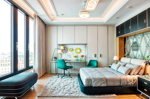 photo from pinterest of retro futuristic-style interior designed (kids room interior) with headboard and plant and bedside table or night stand and storage bench or ottoman and dresser closet and accent chair and night light and kids desk. . with glass panes and strong geometric walls and smooth polished marble and floating surfaces and futuristic interior and futurism minimalist interior and smooth marble and neutral background and bright accents. . cinematic photo, highly detailed, cinematic lighting, ultra-detailed, ultrarealistic, photorealism, 8k. trending on pinterest. retro futuristic interior design style. masterpiece, cinematic light, ultrarealistic+, photorealistic+, 8k, raw photo, realistic, sharp focus on eyes, (symmetrical eyes), (intact eyes), hyperrealistic, highest quality, best quality, , highly detailed, masterpiece, best quality, extremely detailed 8k wallpaper, masterpiece, best quality, ultra-detailed, best shadow, detailed background, detailed face, detailed eyes, high contrast, best illumination, detailed face, dulux, caustic, dynamic angle, detailed glow. dramatic lighting. highly detailed, insanely detailed hair, symmetrical, intricate details, professionally retouched, 8k high definition. strong bokeh. award winning photo.