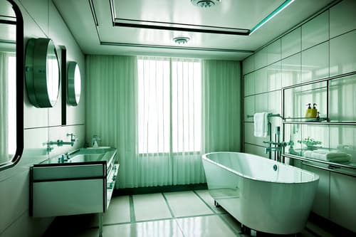 photo from pinterest of retro futuristic-style interior designed (hotel bathroom interior) with mirror and plant and bath towel and shower and bathtub and bathroom cabinet and toilet seat and bathroom sink with faucet. . with neutral background and bright accents and steel finishing and light colors and futuristic interior and floating surfaces and glass panes and circular shapes and minimalist clean lines. . cinematic photo, highly detailed, cinematic lighting, ultra-detailed, ultrarealistic, photorealism, 8k. trending on pinterest. retro futuristic interior design style. masterpiece, cinematic light, ultrarealistic+, photorealistic+, 8k, raw photo, realistic, sharp focus on eyes, (symmetrical eyes), (intact eyes), hyperrealistic, highest quality, best quality, , highly detailed, masterpiece, best quality, extremely detailed 8k wallpaper, masterpiece, best quality, ultra-detailed, best shadow, detailed background, detailed face, detailed eyes, high contrast, best illumination, detailed face, dulux, caustic, dynamic angle, detailed glow. dramatic lighting. highly detailed, insanely detailed hair, symmetrical, intricate details, professionally retouched, 8k high definition. strong bokeh. award winning photo.